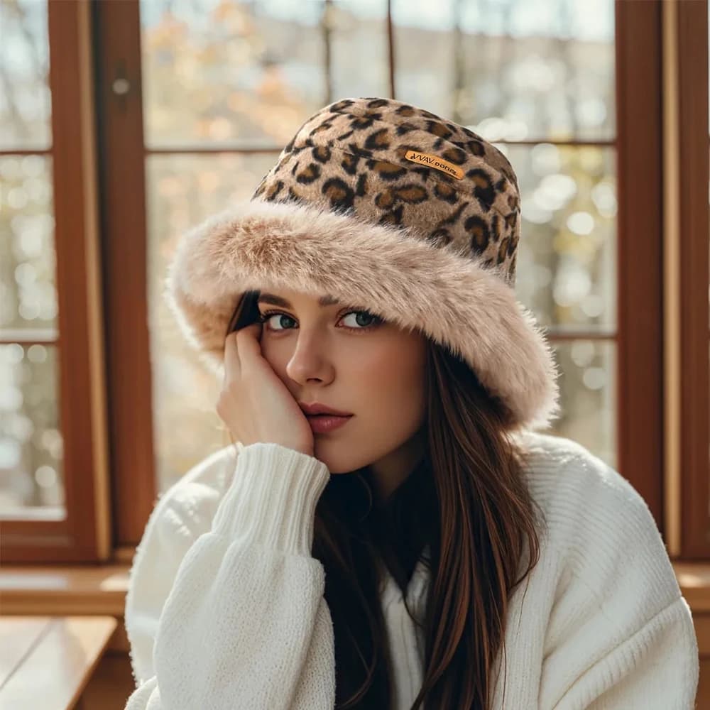 Winter Thickened Fleece Leopard pattern Lined Warm Ear Protection Fishing Cap Women's Fashionable Versatile Plaid Bucket Cap