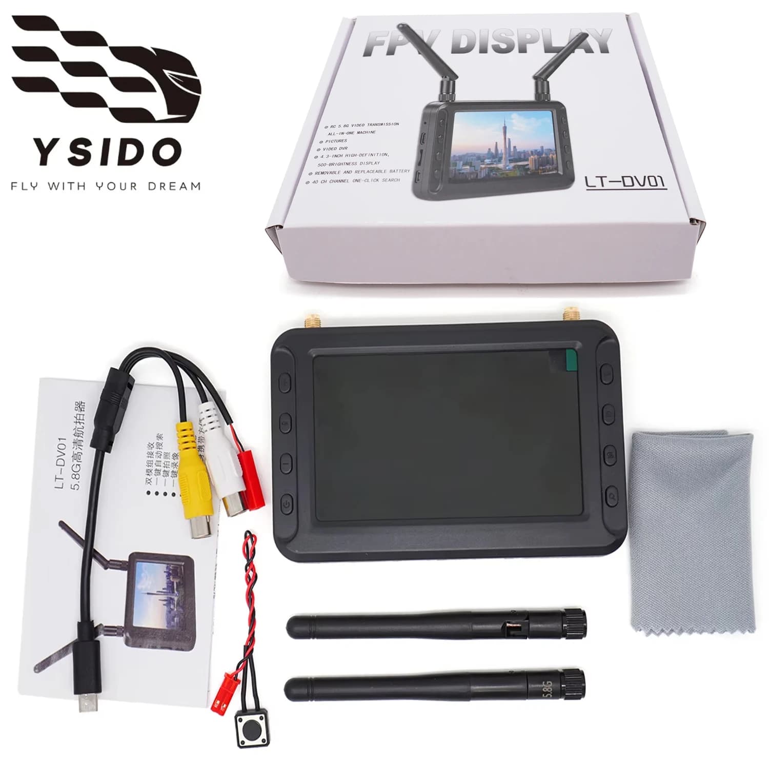 YSIDO 4.3-inch FPV HD Display 5.8G 40CH AIO Image Transmission Dual Antenna for RC FPV Aircraft Model Multi Quadcopter Drone FPV