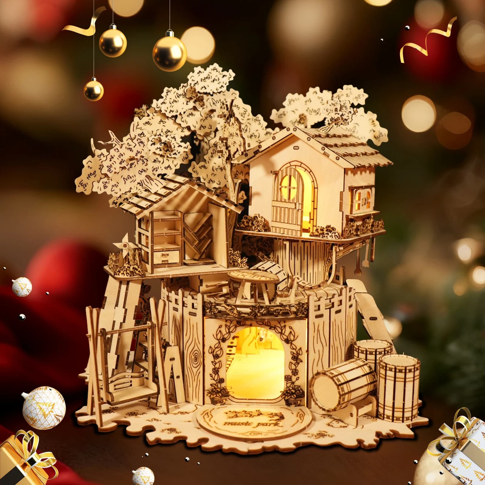 Romantico puzzle 3D in legno a forma di casetta sull'albero con luci LED. Regalo di San Valentino per Coppie, Kit per Attività Fai-da-Te Divertente e Decorazione Casa
