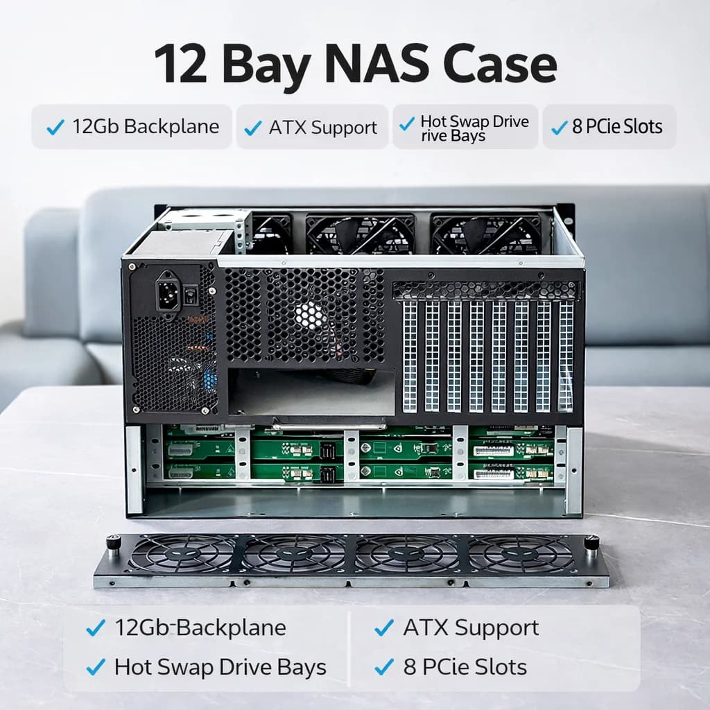 Case NAS a 12 Bay, Chassis Server ATX, Backplane SAS SATA 12Gb, Case Rackmount Hot Swap con 8 Slot PCIe