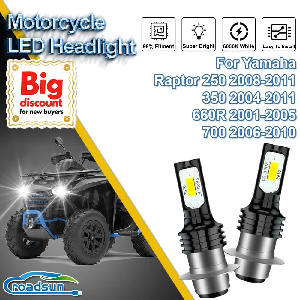 ROADSUN 1/2PCS LED Lampadine per fari Fiale Ampoule per Yamaha Raptor 250 2008-2011 350 2004-2011 660R 2001-2005 700 2006-2010