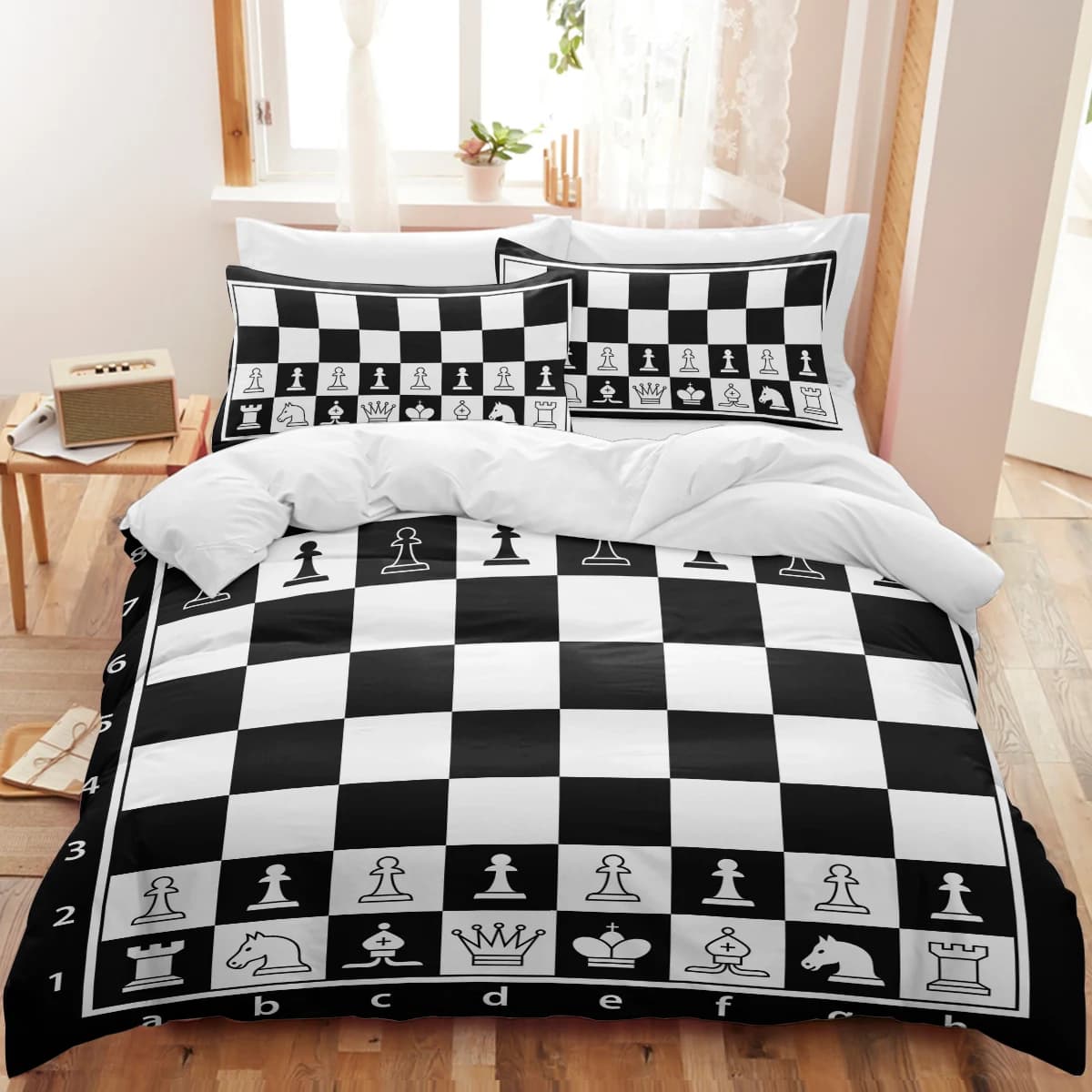 BeddingOutlet Set di biancheria da letto per scacchiera per ragazzi adolescenti Quadrati in bianco e nero Tema del gioco Tessili per la casa Decorazioni per la camera da letto Copriletti