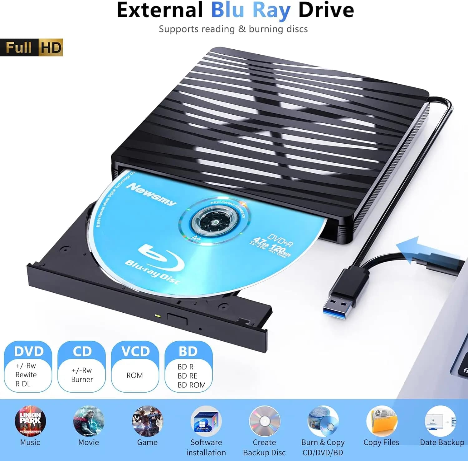Unità Blu Ray esterna, masterizzatore Blu Ray USB 3.0 Type-C Lettore e scrittore Blu-Ray Registratore DVD ottico BD-ROM 3D BD-RE Bluray Play