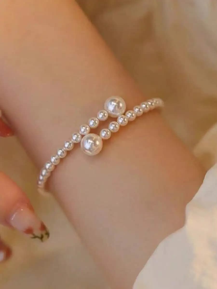 1pc Elegant Adjustable Faux Pearl Beaded Bracelet For Women, Geometric Design, Sophisticated Stylish Accessory For Daily Use, Pa
