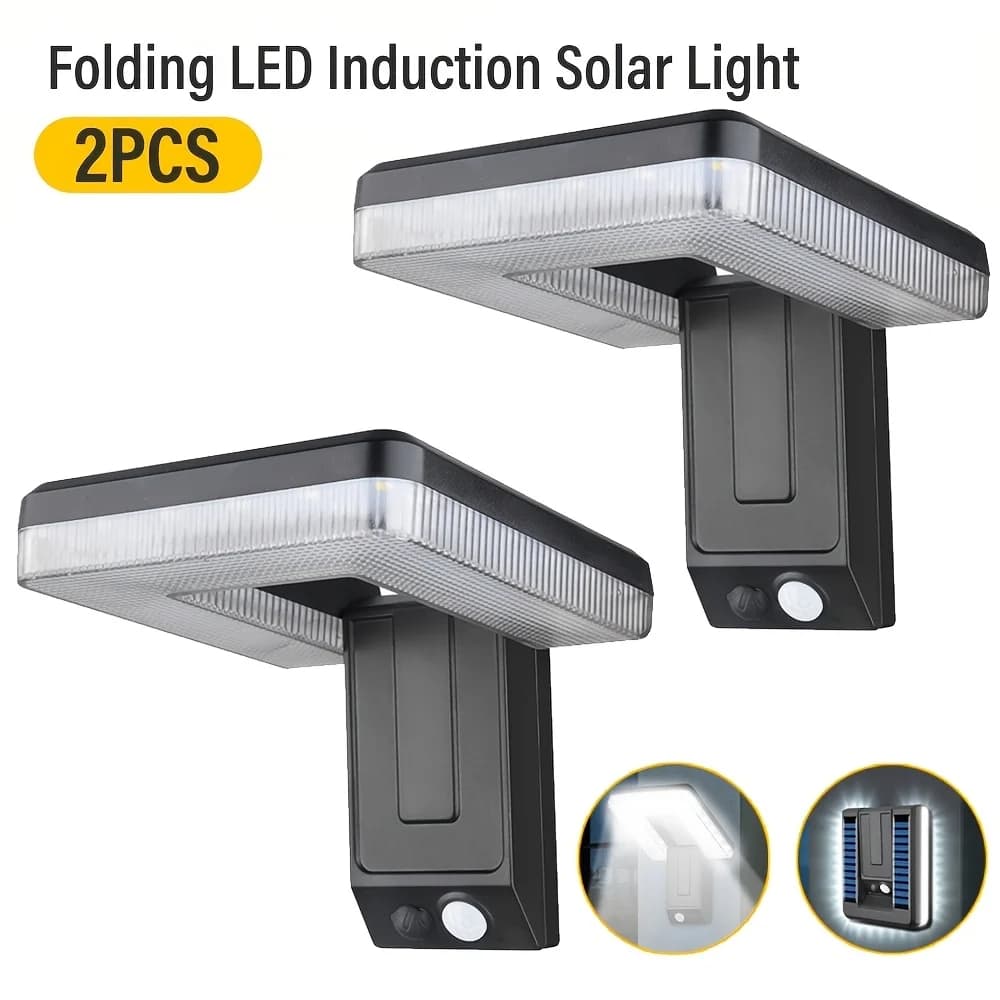 Lampada da parete con sensore di movimento solare da 2 pezzi 120 ° Testa pieghevole 3 modalità IP44 carica impermeabile 5-8H per portico giardino garage facile installazione