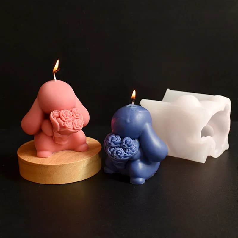New Mould Flower-holding Rabbit Candle Molds Rose Bouquet Plaster Ornament Home Decoration Ornament Irregular Silicone Mold