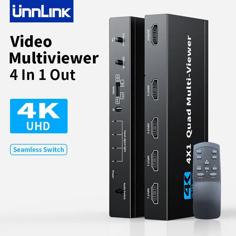 Unnlink Multiviewer HDMI 4K 4x1, Visualizzatore Quad Screen in Tempo Reale, Switcher HDMI 4 in 1 Senza Interruzioni con Telecomando
