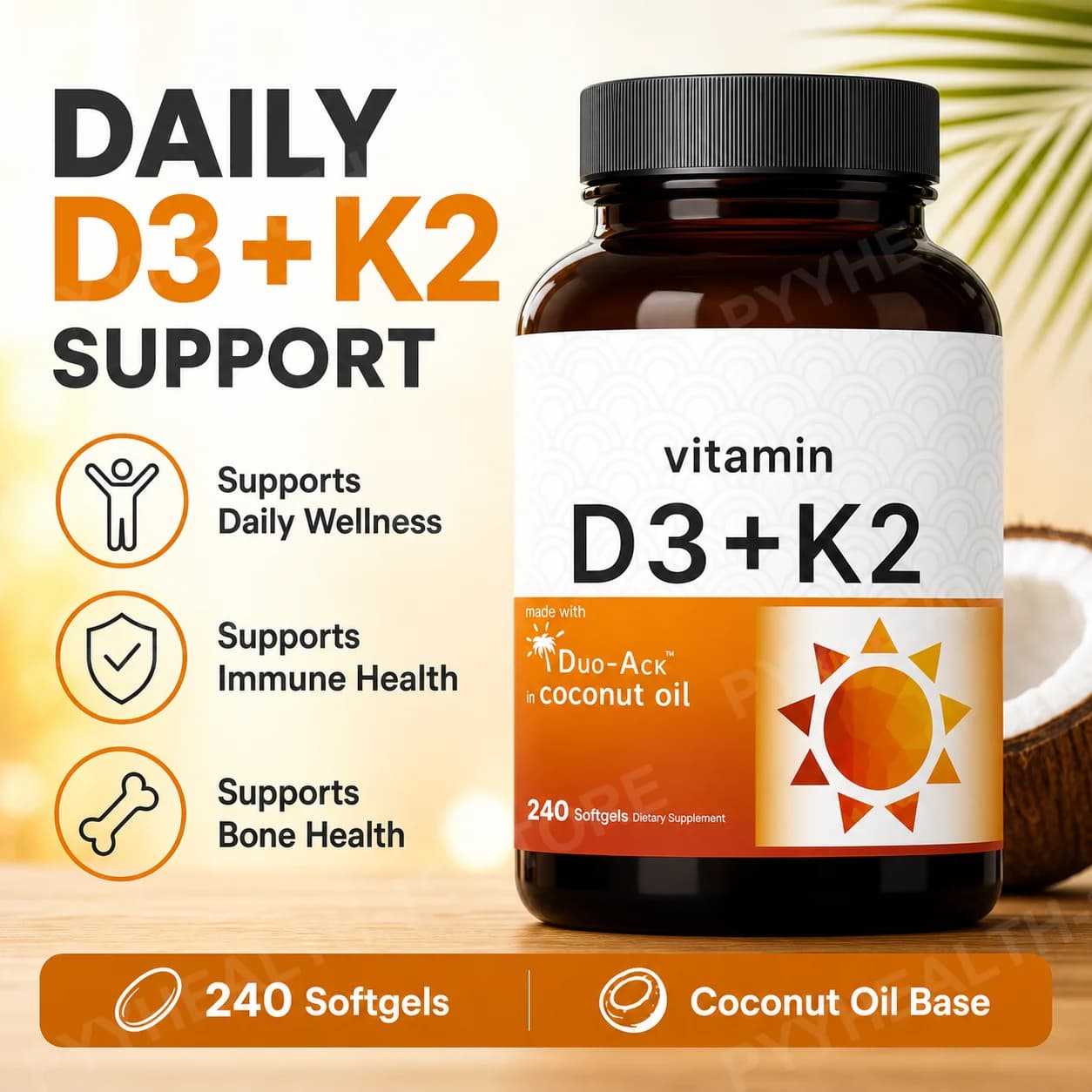 Vitamin D3 K2 Softgels 5000 IU D3 100mcg K2 MK-7 with Coconut Oil, Daily Wellness Supplement for Adults 240 Count Unflavored
