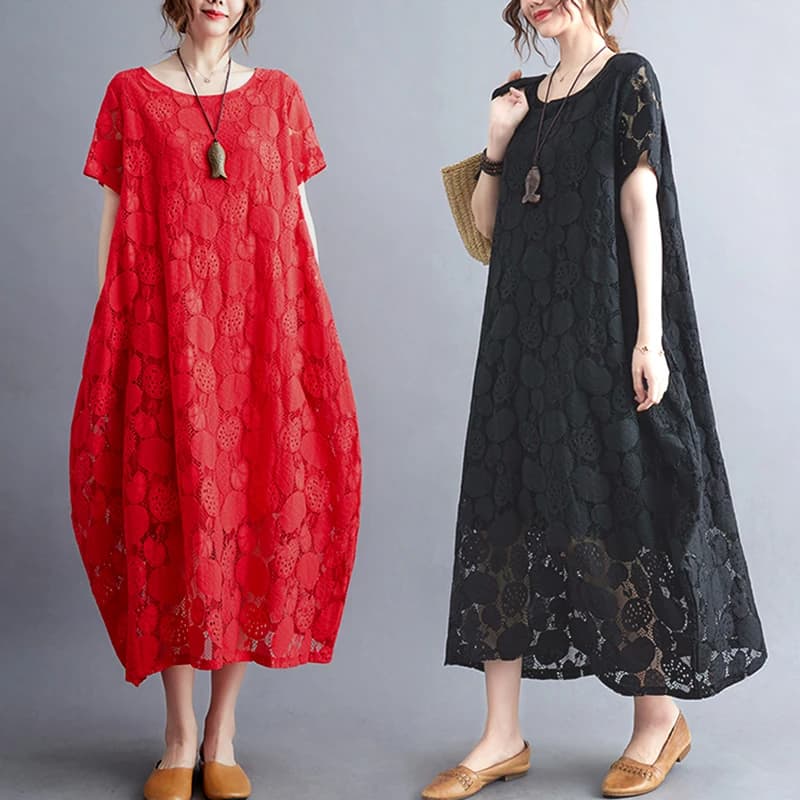 Long casual lace dress for women strong sizes, crew neck, short sleeve, full length skirt, summer, padded, mermaid