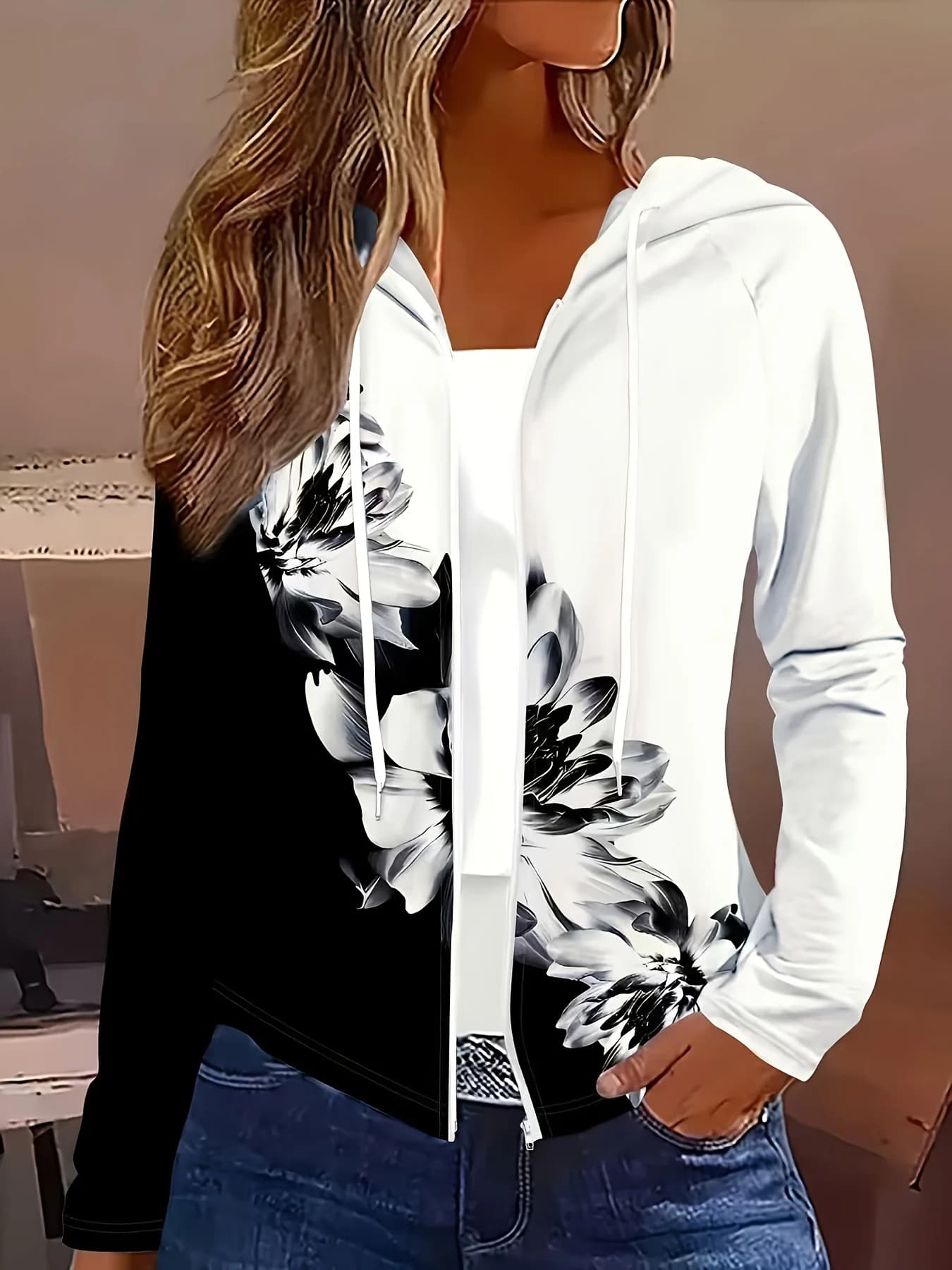 Felpa con cappuccio con zip floreale a contrasto bianco e nero da donna – Giacca casual leggera con coulisse