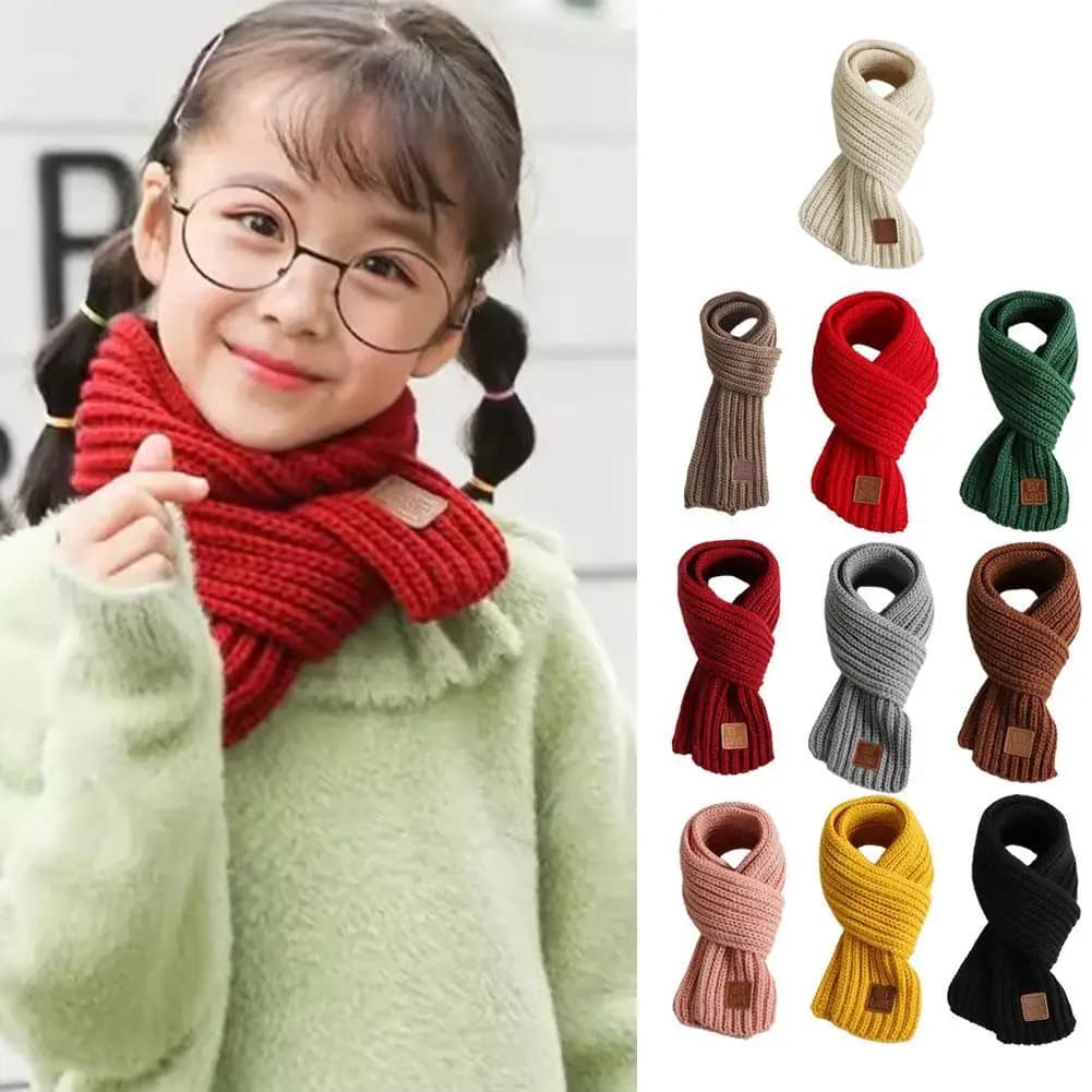 Kids Knitted Warm Scarf Thick Cold Resistant Solid Color Soft Short Style Lovely Scarf Christmas Gift Green Scarf Accessories