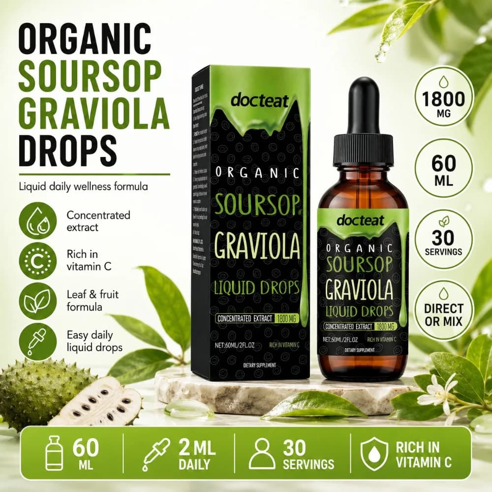 Gocce Liquide di Graviola (Soursop) Biologico 1800mg con Vitamina C, Estratto di Foglie e Frutti, Integratore Quotidiano per il Benessere degli Adulti 60ml