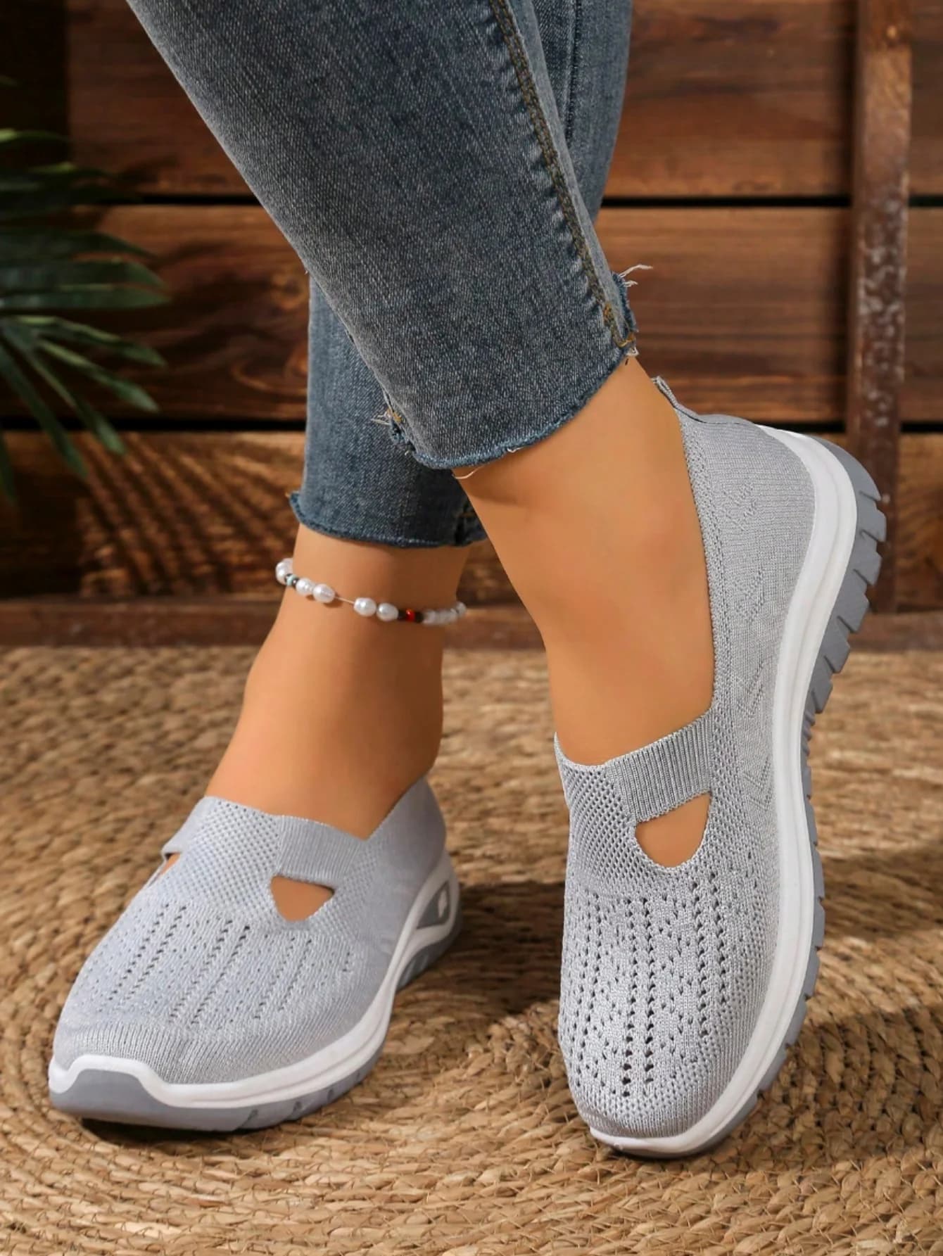 Mocassini slip-on da donna in rete traspirante grigia – Comode scarpe da passeggio antiscivolo