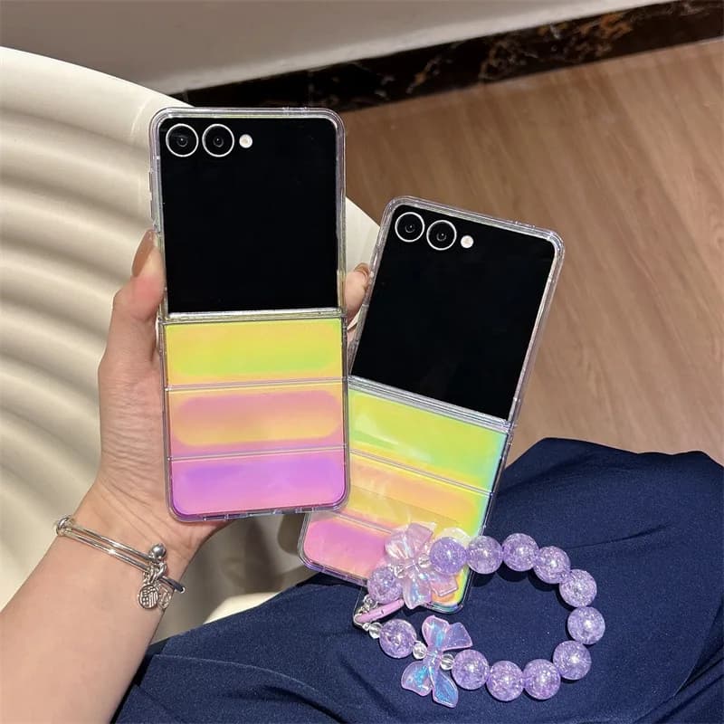 Wrist chain bracelet with luxury shaded laser phone case for Samsung Galaxy Z Flip 7 6 5 3 4 ZFlip7 ZFlip6 Hard Shock Cover