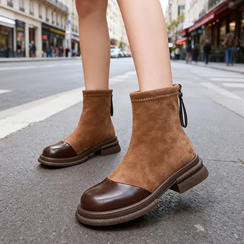Fleece Lined Short Boots Brown Thick Bottom Korean Retro Style Women's Ankle Boots Zipper Back High Heel Inner Heighte...