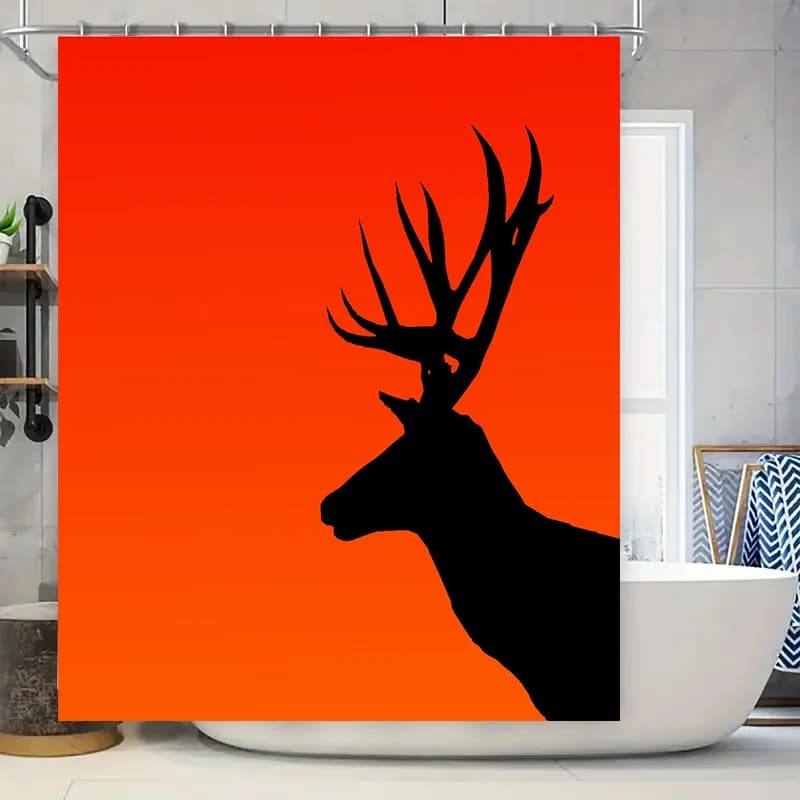 Tenda da doccia con testa di cervo: design sfumato rosso per l'arredamento del bagno Decorazione artistica silhouette nera Tessuto impermeabile da 72x84 pollici