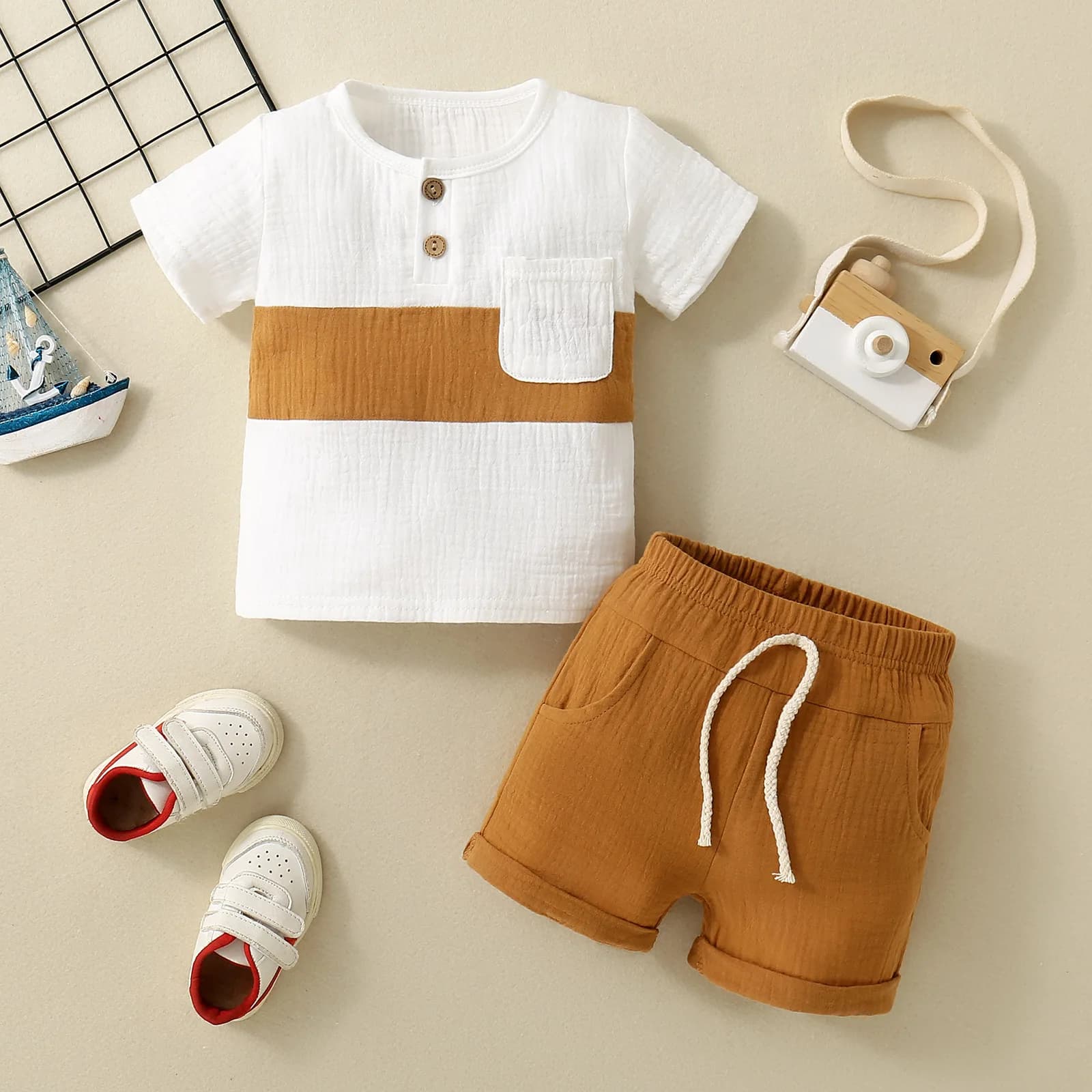 2PCS Summer Boy Children's T-Shirt Short Sleeved Neck button Shirt Top Pocket Clothes Skin-Friendly Cotton Shirt with Shorts