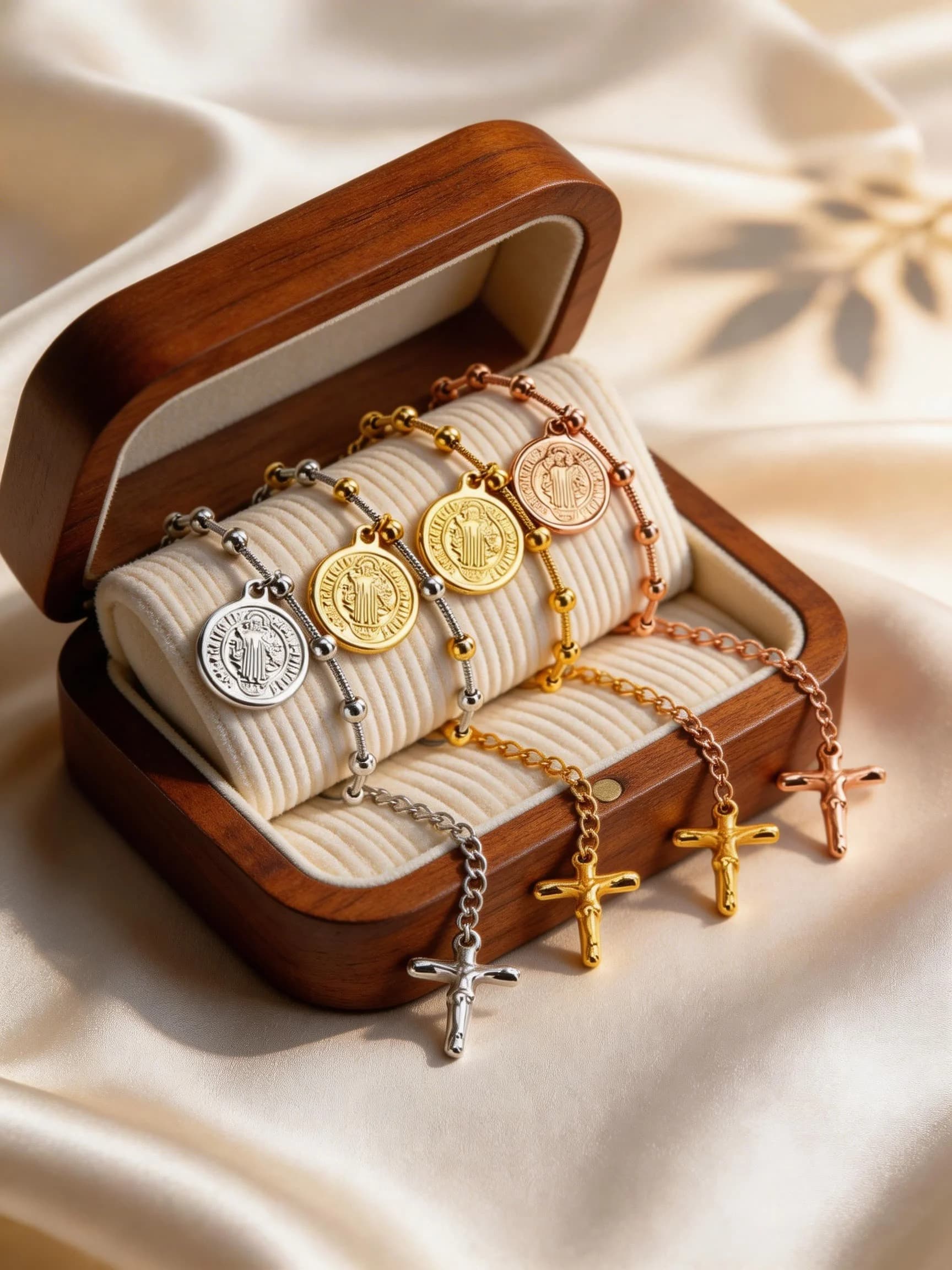 Bracciale con Medaglia di San Benedetto e Croce per Donne, Gioielli Religiosi Cattolici, Braccialetti di Preghiera in Acciaio Inossidabile con Catena a Serpente