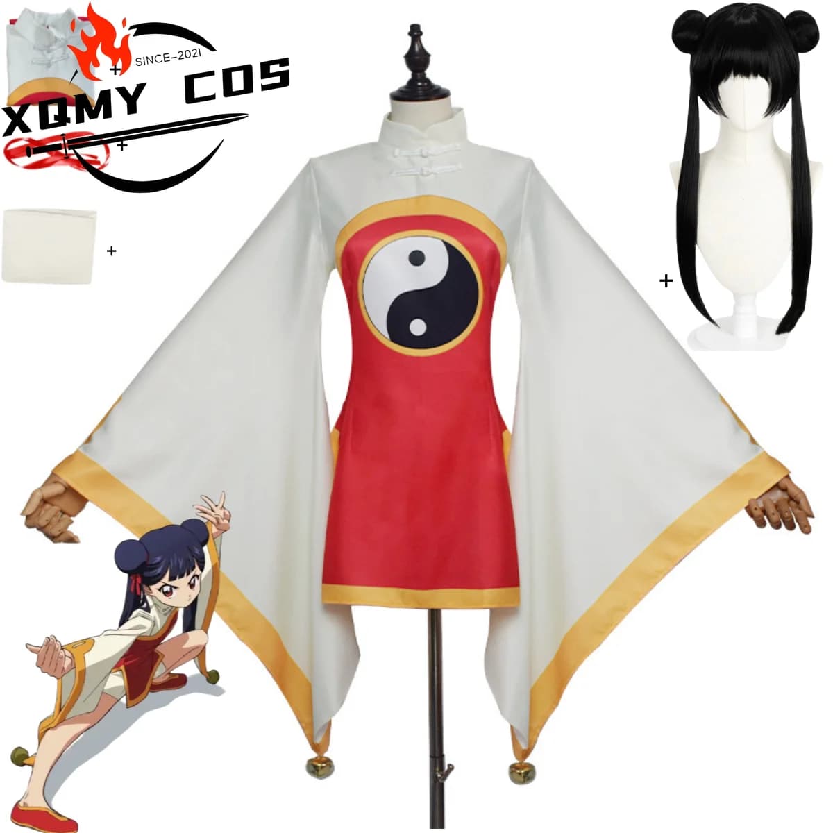 XQAnime Card Captor Sakura Li Meiling Costume Cosplay Card Captor Cinese Taoista Abito bianco Set Parrucca Donna Carino Vestito di Halloween