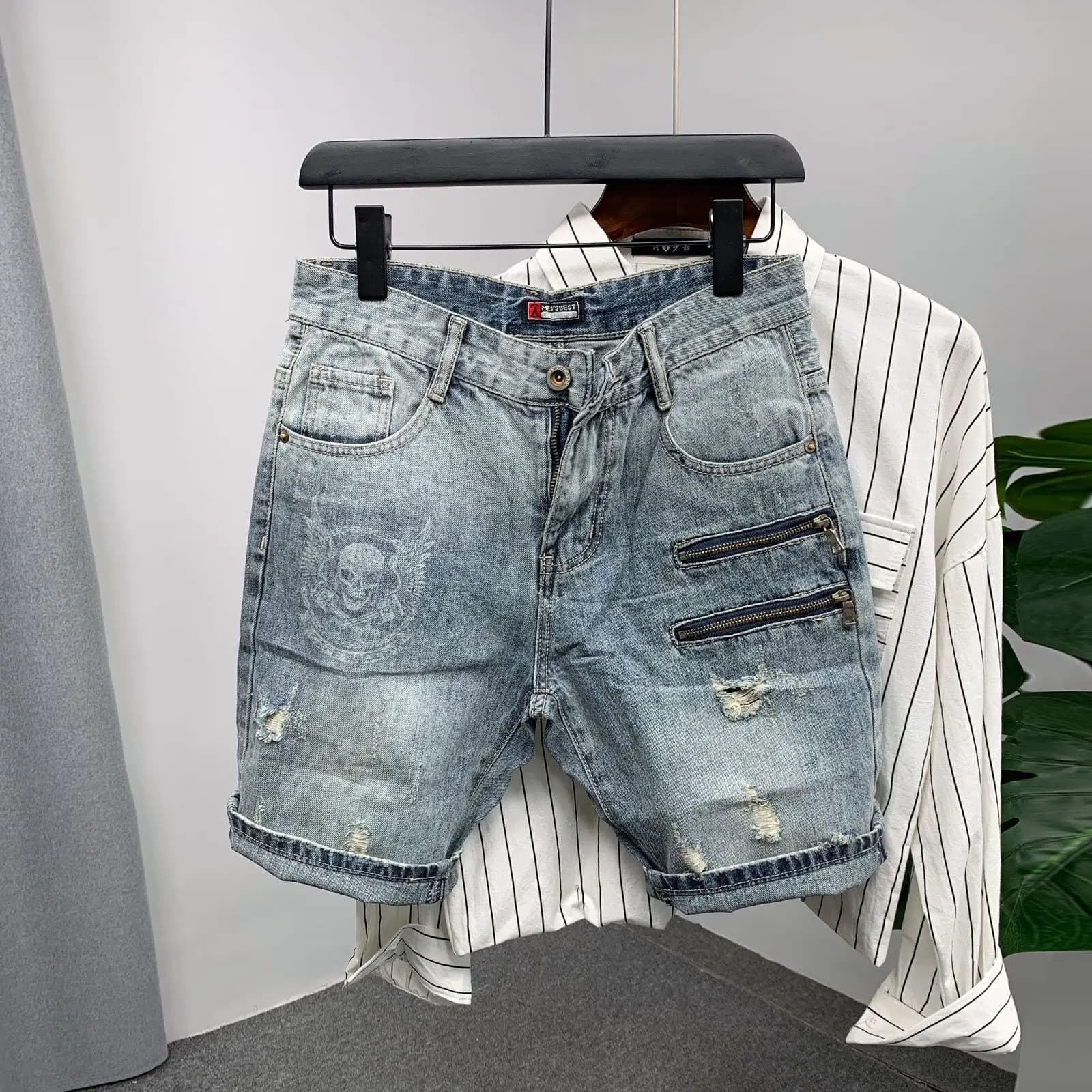 Jeans Slim Fit Blue Trendy Shorts with Hinges and Inserts, Men's, New Summer Models, Fashion and Careers
