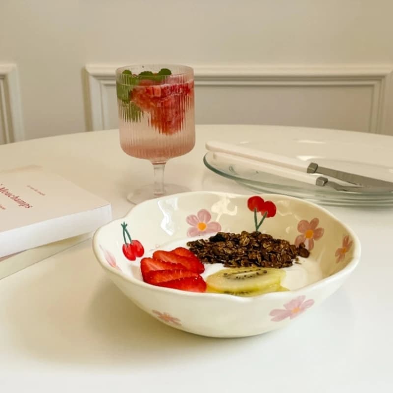 Flower Ins Hand pinched Irregular Ceramic bowl Handmade Fruit Salad Serving Bowl dessert yogurt bowl Breakfast oatmeal bowl