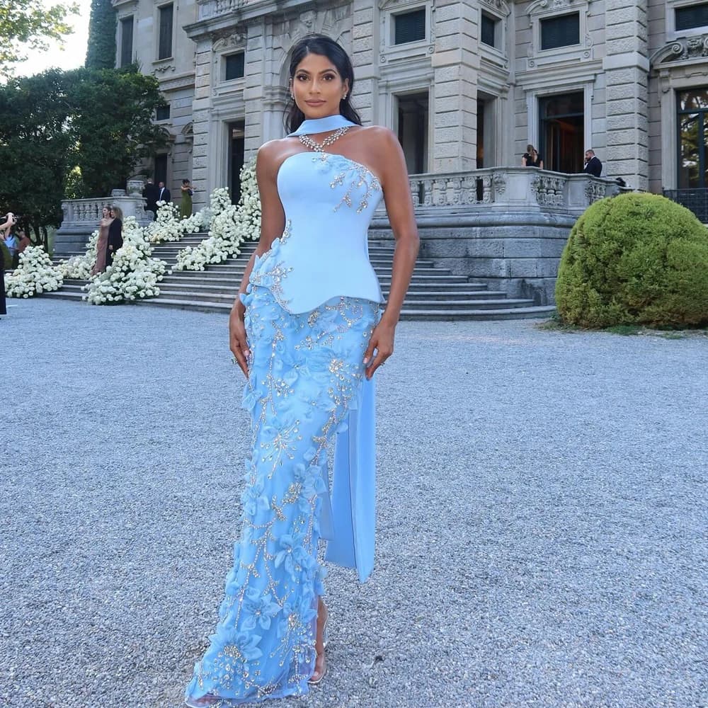 Customized 3D Flower Prom Dress with Scarf Strapless Sheath Wedding Guest Gown Crystal Embellished Formal Occasion Outfit