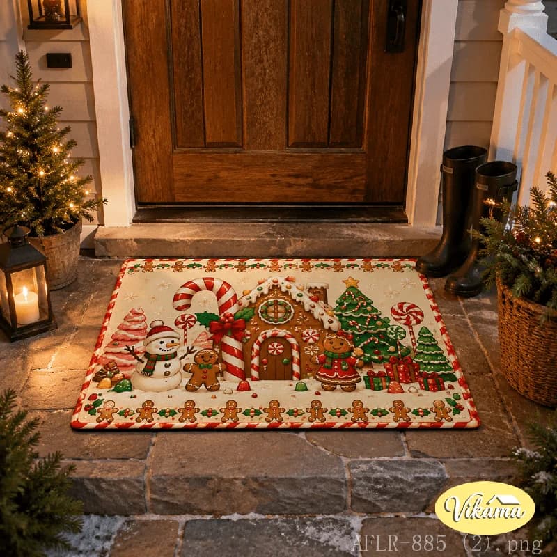 VIKAMA Gingerbread House Christmas Front Door Mat Non Slip Absorbent Bathroom Rug Indoor Outdoor Xmas Home Decoration