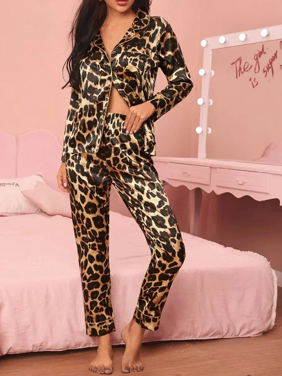 Pigiama da donna in raso 2 pezzi Set camicia abbottonata a maniche lunghe primavera autunno e pantaloni elastici larghi casual pigiama da notte