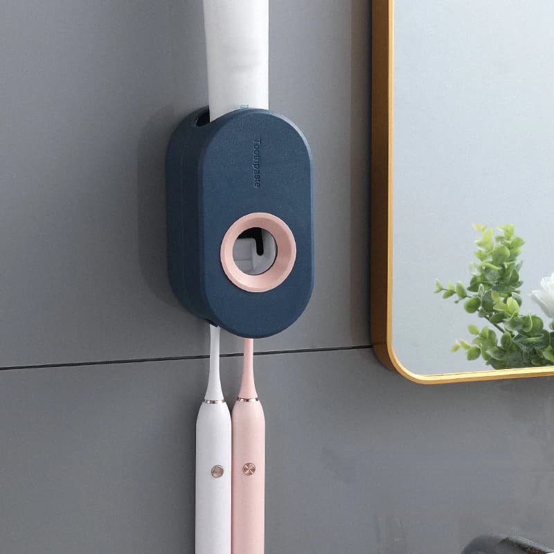Dispenser automatico di dentifricio da 1 pezzo, spremiagrumi, supporto antipolvere a parete per bagno, gancio per spazzolino