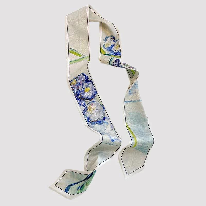 TOP Chioce Women Satin Silk Scarf Cute Oil Flowers Printing Hair Band Tie Bags Ribbons Korean Neckerchiefs Hats Decoration