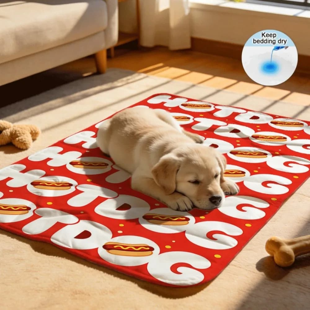 Red Hotdog Bold Repeating Text Reusable Non-Slip Dog Potty Pads Grippy Bottom for Smooth Floors
