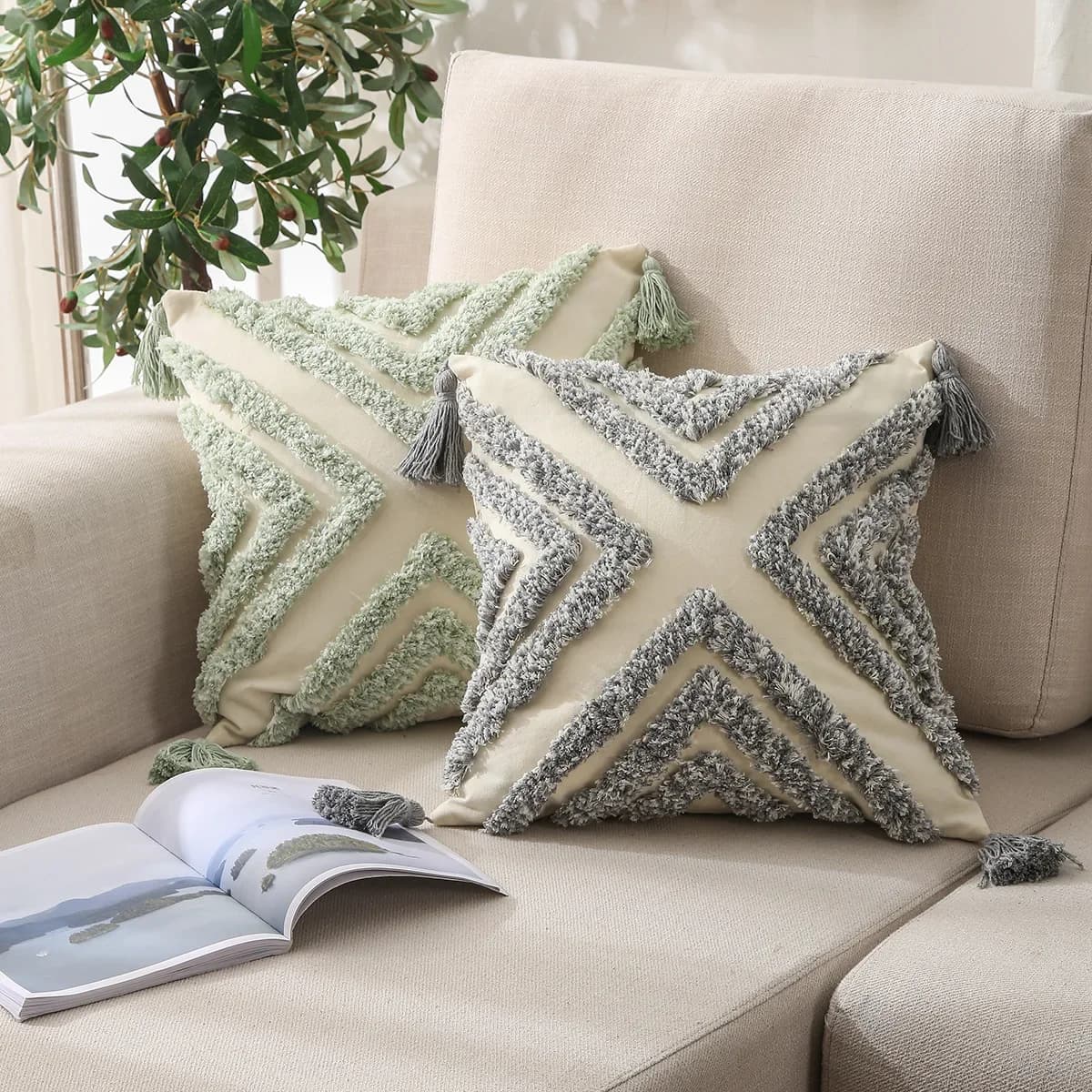 Federa per cuscino con ricamo grigio Decorazione per la casa Fodera per cuscino gialla con nappe 45x4 5/30x50 cm Federa per divano decorativa per la casa
