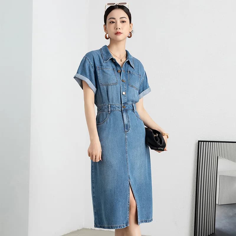 Abito midi estivo da donna in denim con colletto coreano, maniche corte, in viscosa e lyocell, a vita alta e con bottone singolo