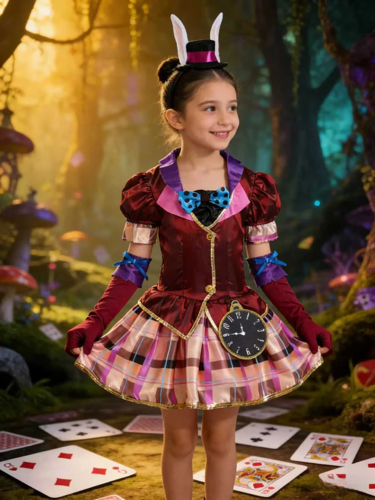 Completo per bambina: 1 vestito da bambina decorato con fiocco + 1 cappellino con fascia per capelli a forma di orecchie + 1 paio di guanti con anelli a fiocco, costumi per bambina per Halloween e varie feste di Carnevale