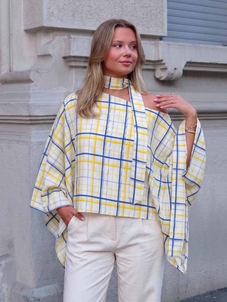 HH Women Vintage Plaid Scarf Collar Shirt Fashion Loose Translucent Thin Bat Sleeve Off Shoulder Top 2026 Summer Chic Street Top