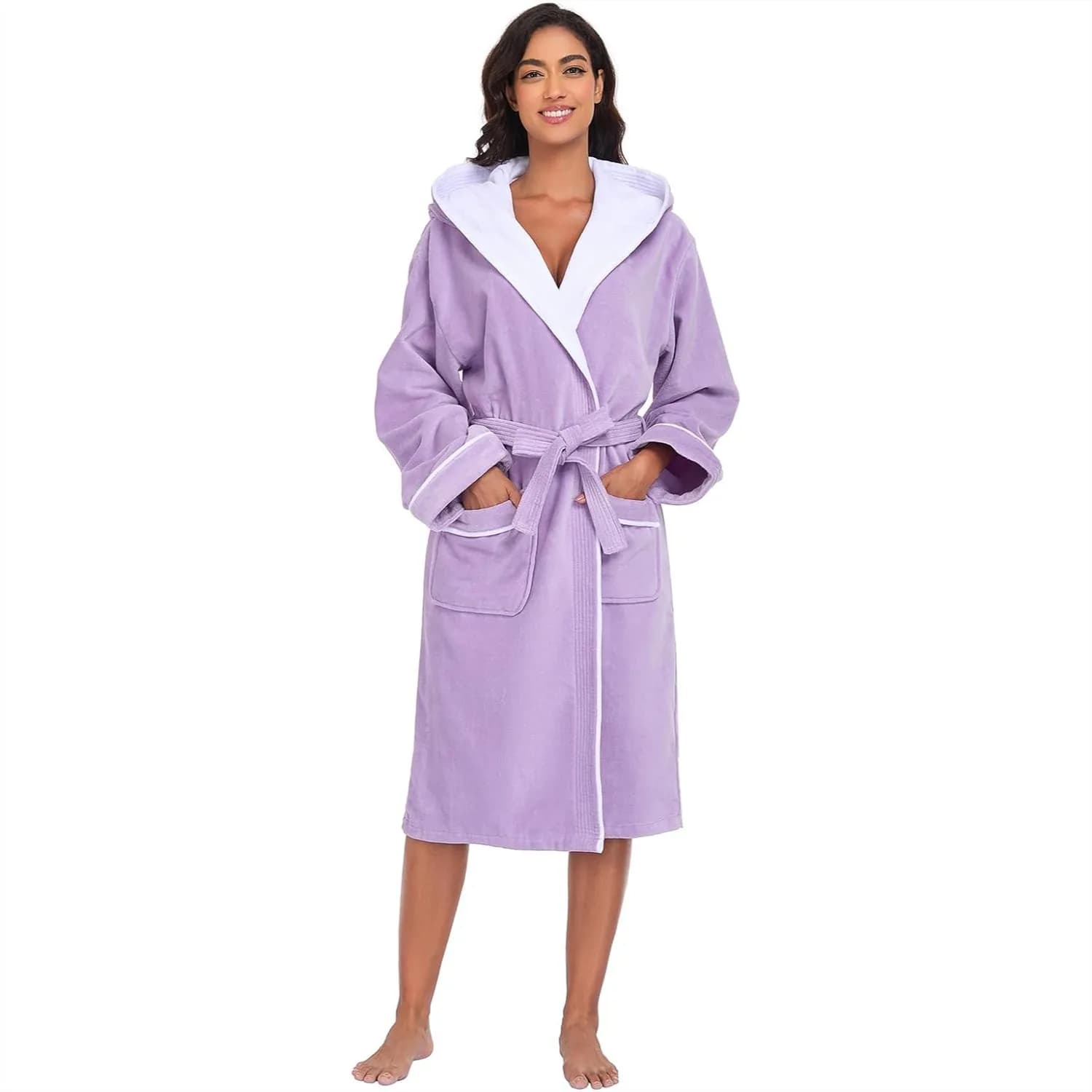 Women's Bathrobe, Cotton Terry Velour Knee Length Spa Robe with Pockets