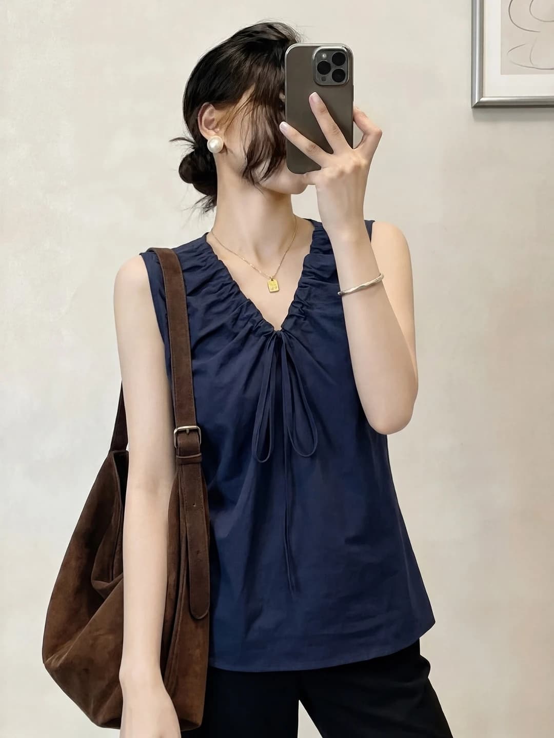 plus Size Dark Blue V-Neck Waist Belted Sleeveless Shirt Women Summer Loose Slimming Versatile Personality Top Korean Style C...