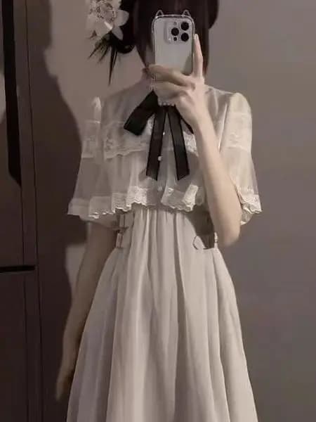 Abito Lolita in pizzo stile giapponese con mezza manica, mantello a cappa, vita alta, in poliestere, estivo, gonna a trapezio a maniche corte