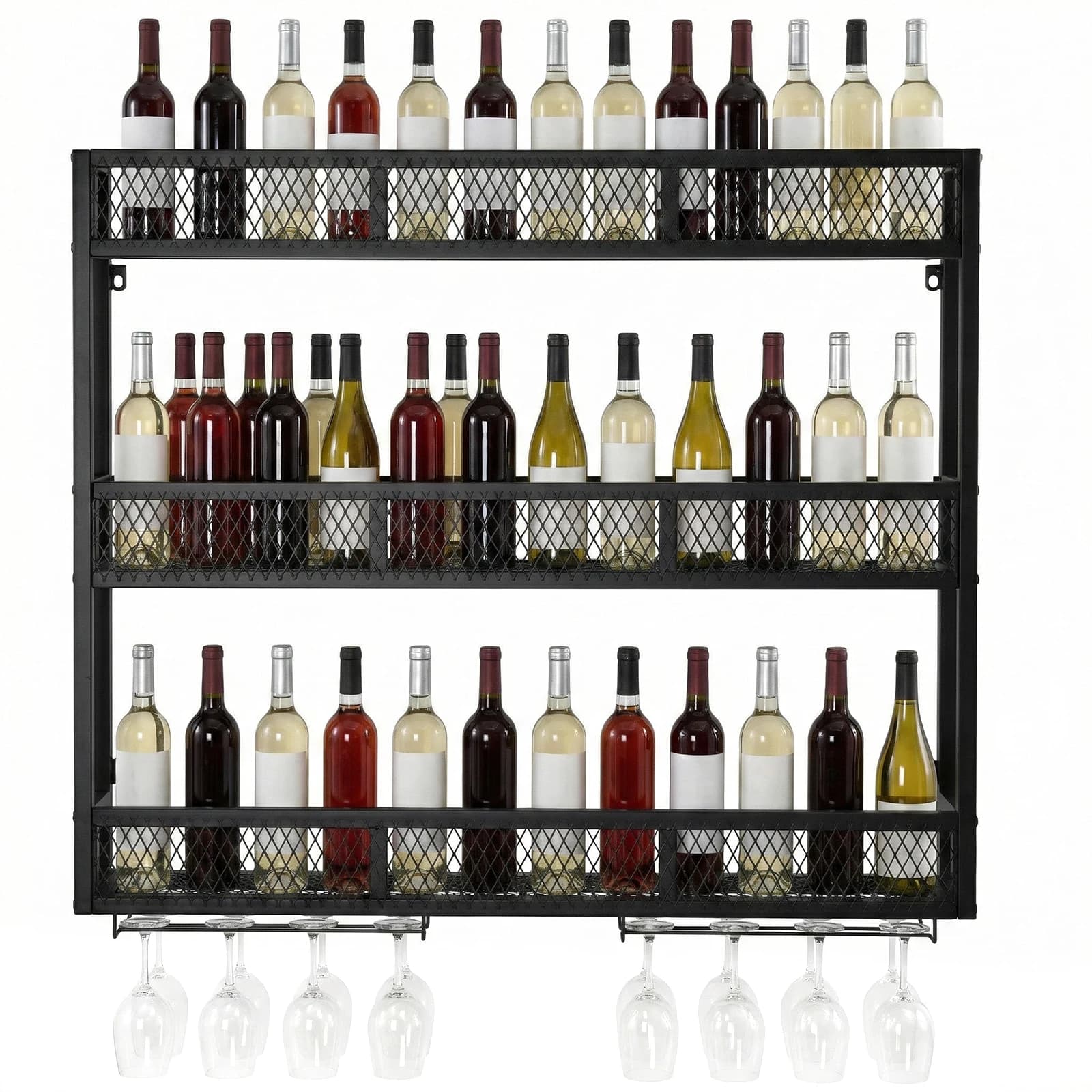 Organizzatore per Vini da Parete a 3 Ripiani da 39 Pollici con Portabicchieri, Mensole per Liquori da Parete per Cucina, Sala da Pranzo, Bar Domestico