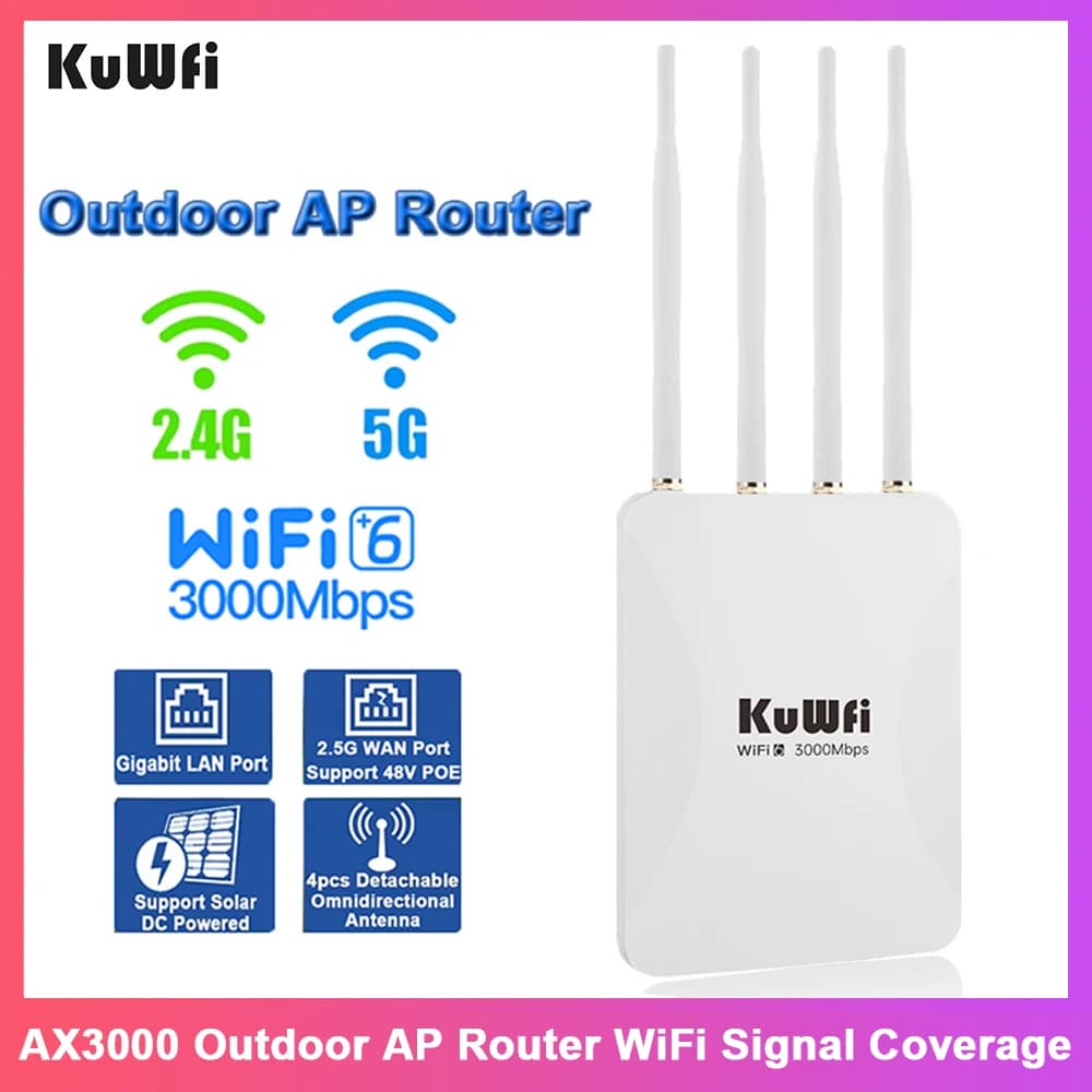 Router AP Esterno KuWFi 3000Mbps, WiFi 2.4G 5G, Copertura a Lunga Distanza, Porta Ethernet Gigabit, Modalità Ripetitore Solare DC 48V POE