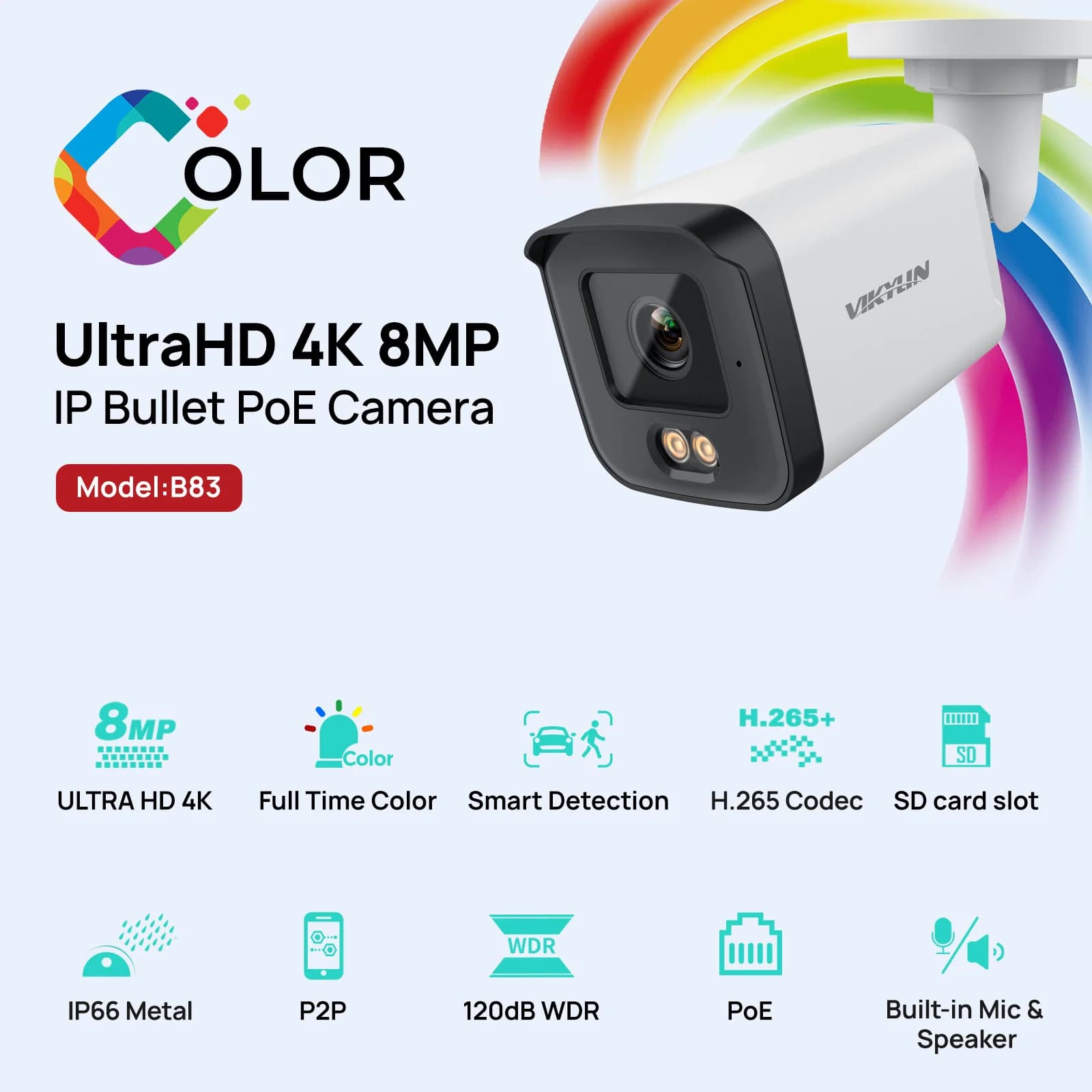 VIKYLIN Full Colo 8MP HD IP Security Camera Poe Two-way Audio Fixed Camera Human Vehicle Detection SD Storage ONVIF IP66 Outdoor