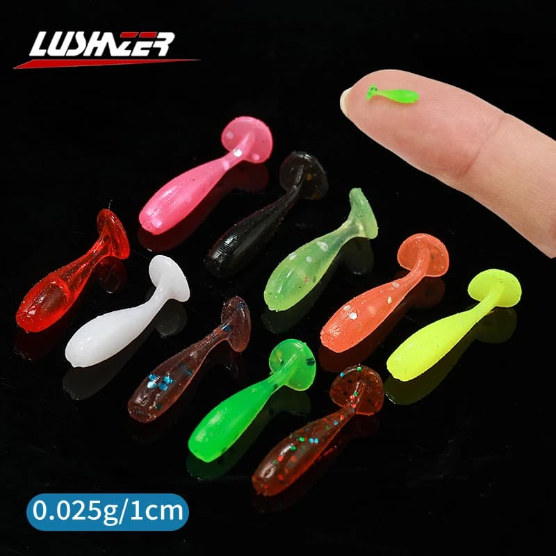 LUSHAZER 20 pcs/Bag Micro T Paddle Tail Floating 10mm0.025g Fishing bait For Spike Bass Rich We Fishy Worms Fishing Soft