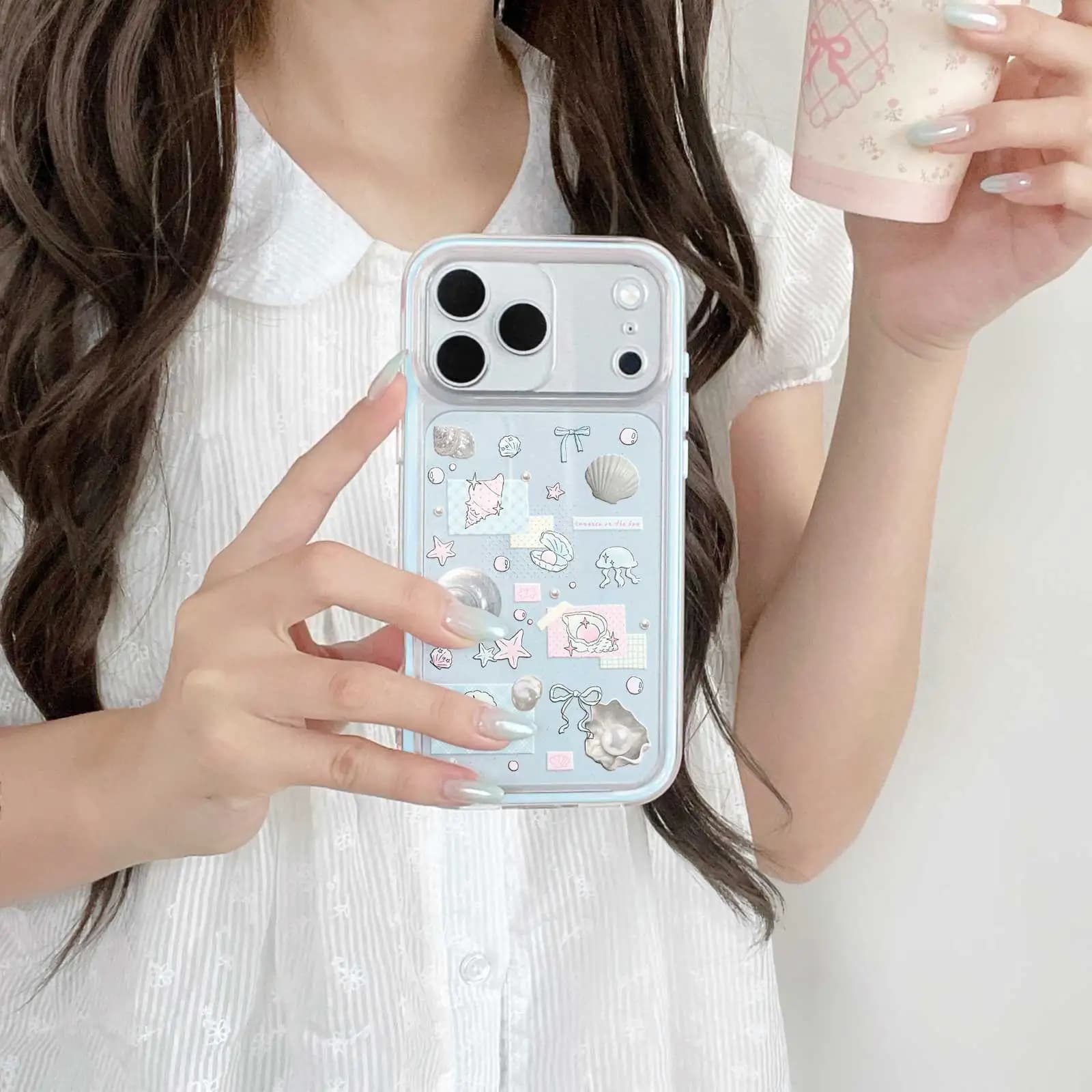 Light Blue Background Ocean Seashell Collage Mirror Case, Shockproof Soft TPU Light Mint Frame for iPhone 13 to 17 Pro Max