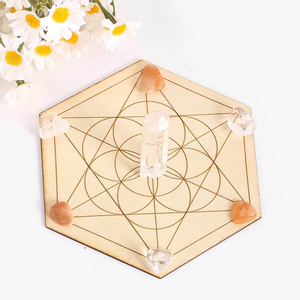 1 PC Crystal Stone Array Vassoio esagonale Legno naturale Griglia incisa al laser Modello Vassoio Tovagliette Sottobicchieri Decorazione