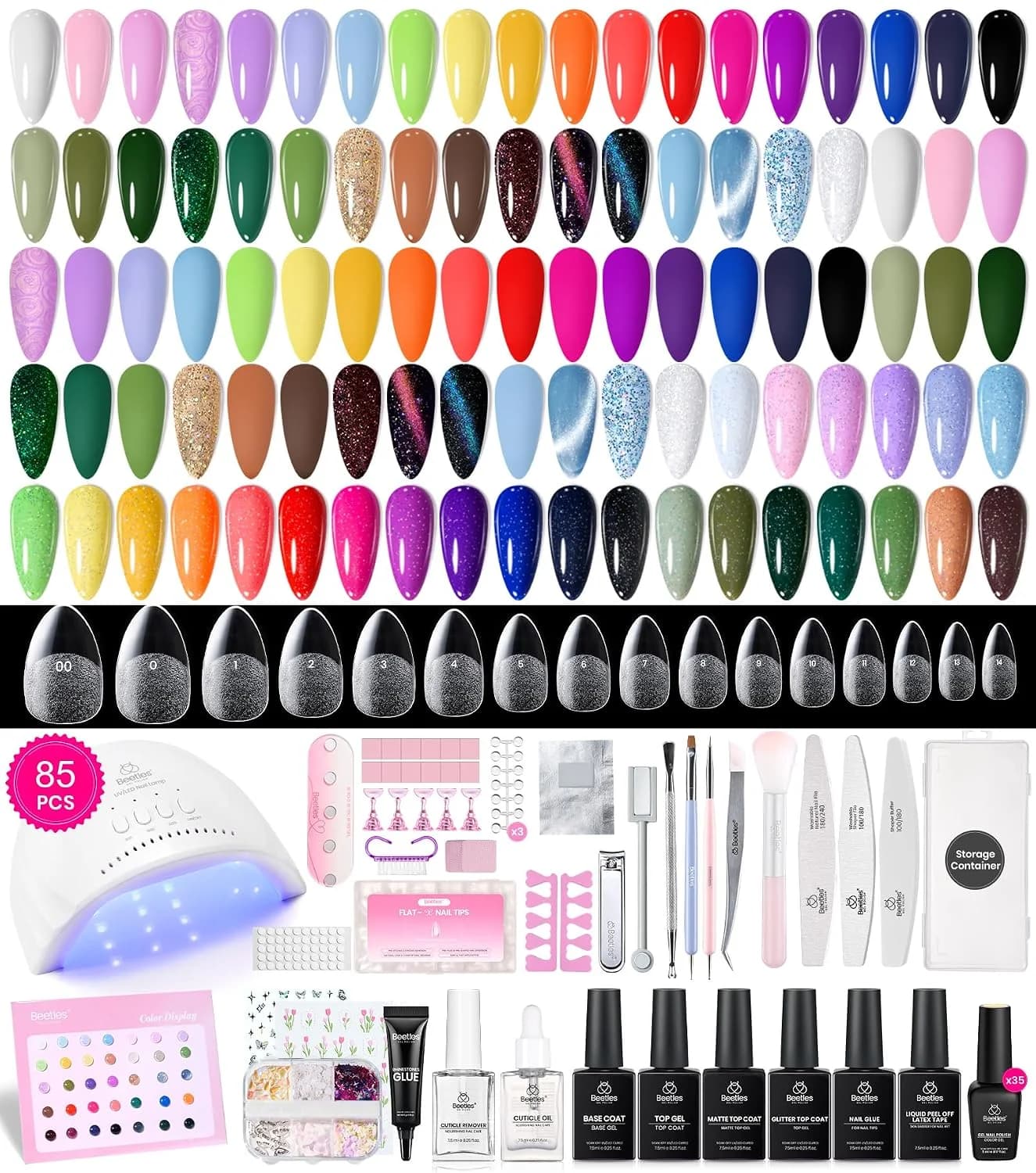 Beetles 85Pcs Gel Nail Polish Kit with UV Light, 35 Colors Travel Diary Set with Nail Tips Base Top Coat Soak Off DIY Salon