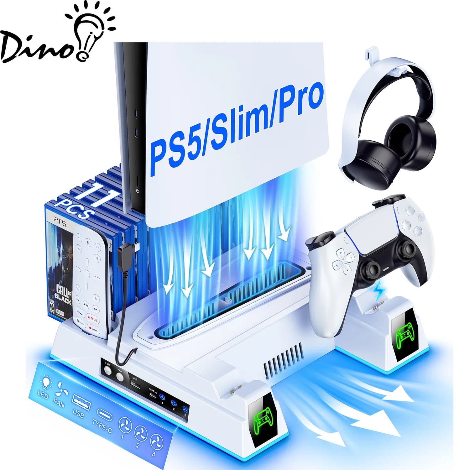 Supporto di Raffreddamento e Ricarica DinoFire per PS5 - Ventola a 3 Velocità, RGB, Doppio Caricatore, 11 Slot per Giochi, Gancio per Cuffie, Stand da Gaming