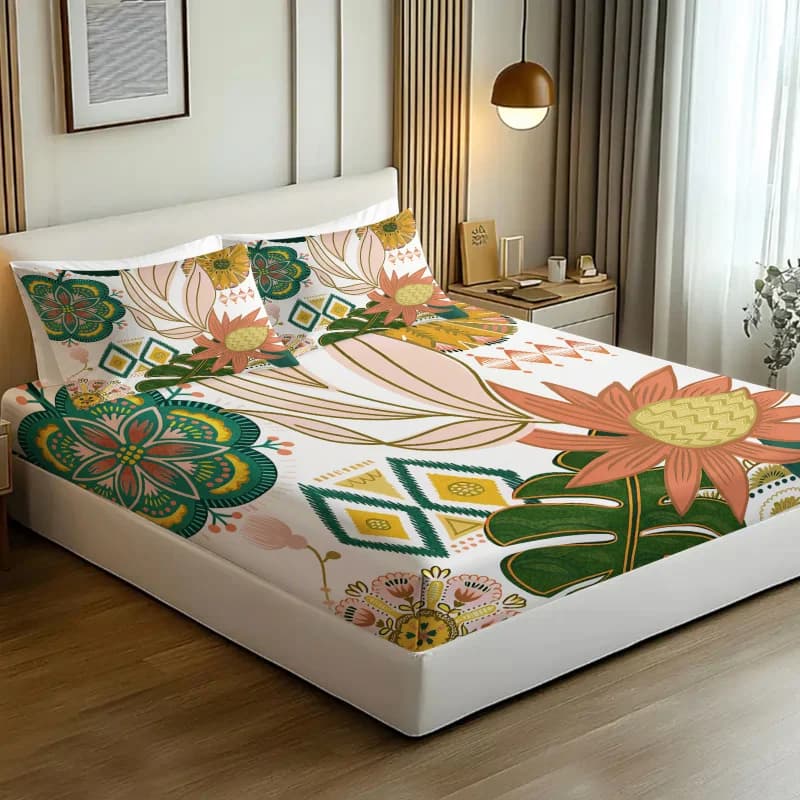 Bohemian Floral Fitted Sheet Set, Elastic Bed Sheet Bedding Set No Fillers, Tropical Boho Bedding for Stylish Living Space