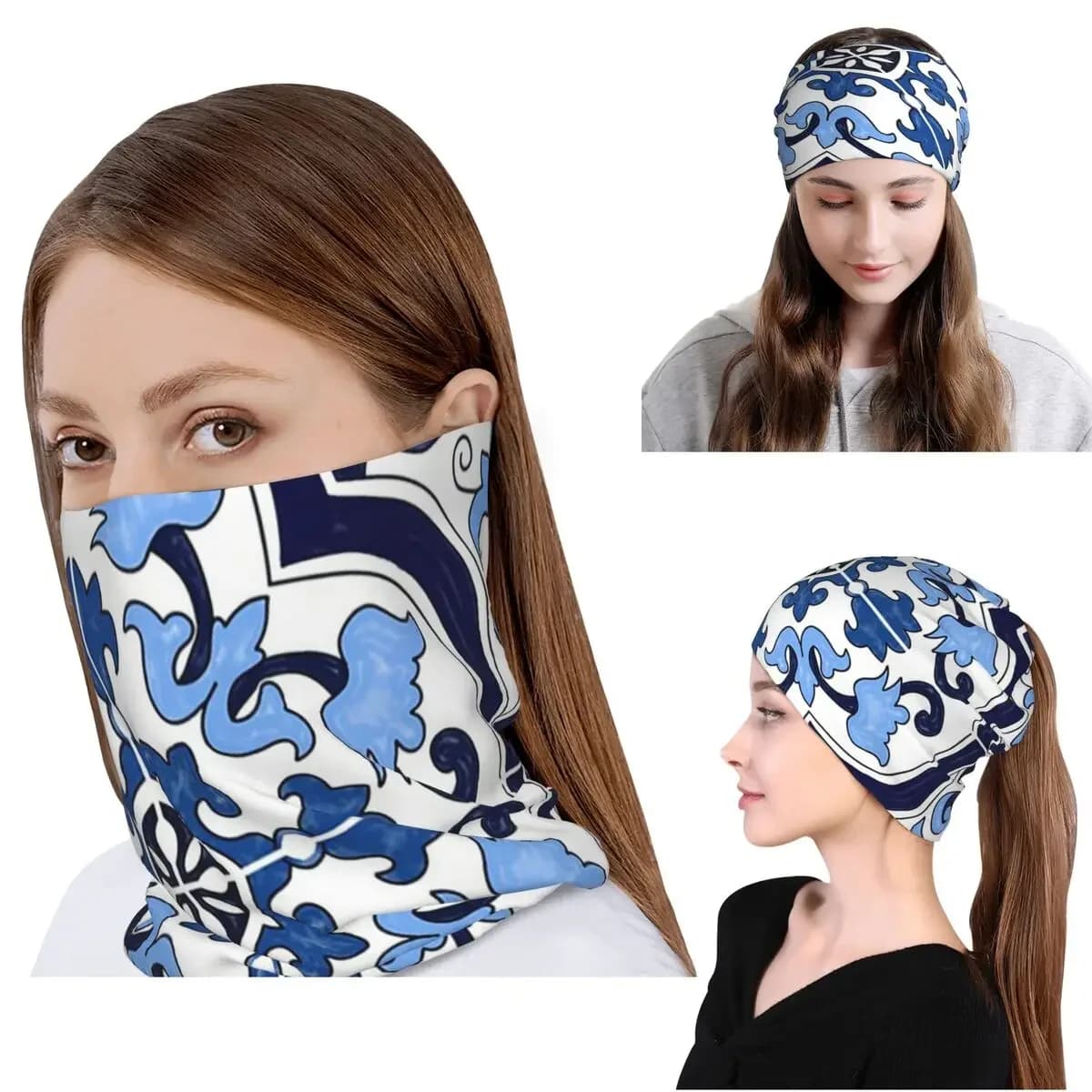 Blue Ornate Floral Mediterranean Sicilian Tile Bandana Neck Gaiter Wrap Mask Scarf Warm Cycling Scarf Beanies Hat Unisex Adult