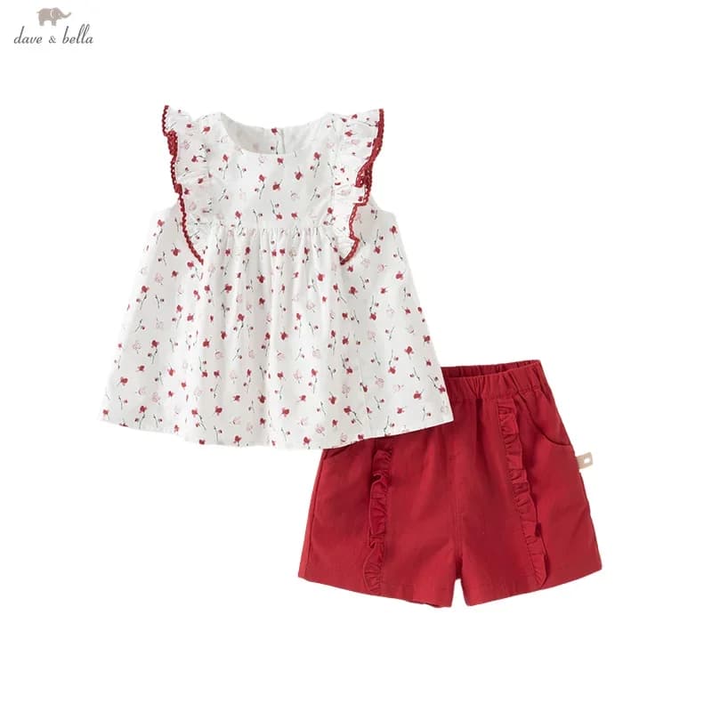 Dave Bella Bambini Dolce Carino Sottile Rosso Floreale Pantaloncini Set Ragazze Bambino Estate Casual Top Pantaloni in Due Pezzi Festa All'aperto DB2252206
