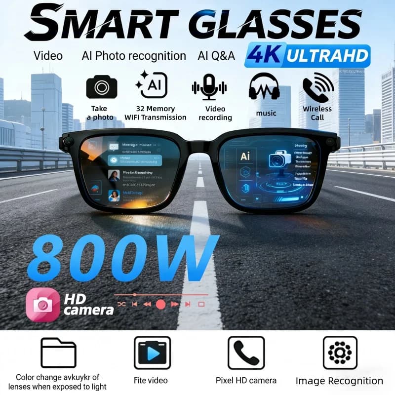 Occhiali Smart AI con Fotocamera 4K, Traduzione AI, Registrazione Video 8MP, Chiamate Bluetooth, Musica, Foto, Sport all'Aperto, Guida, Occhiali Intelligenti